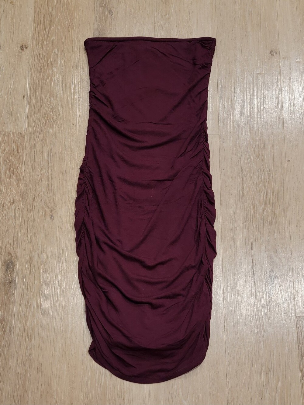 F21 burgundy ruched strapless dress